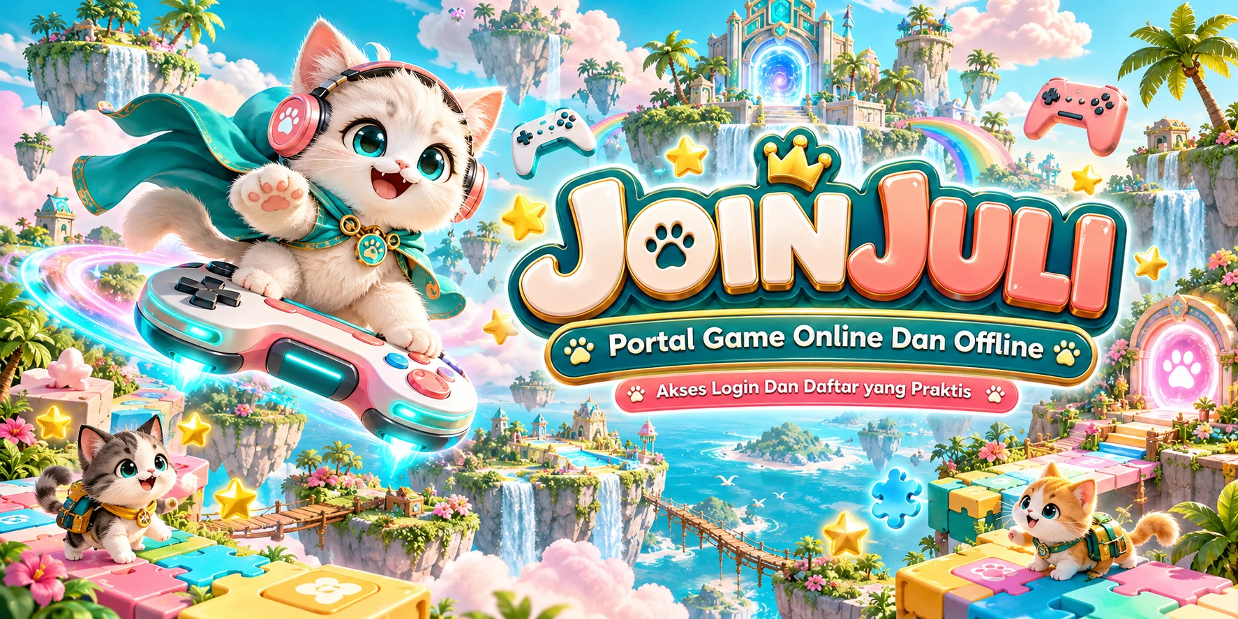Petualangan kucing JOINJULI di pulau game berwarna toska
